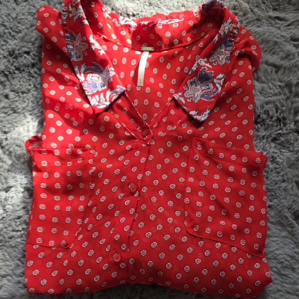 Free People Red and White Puff Sheer Sleeve Blouse Polka Dot Medium